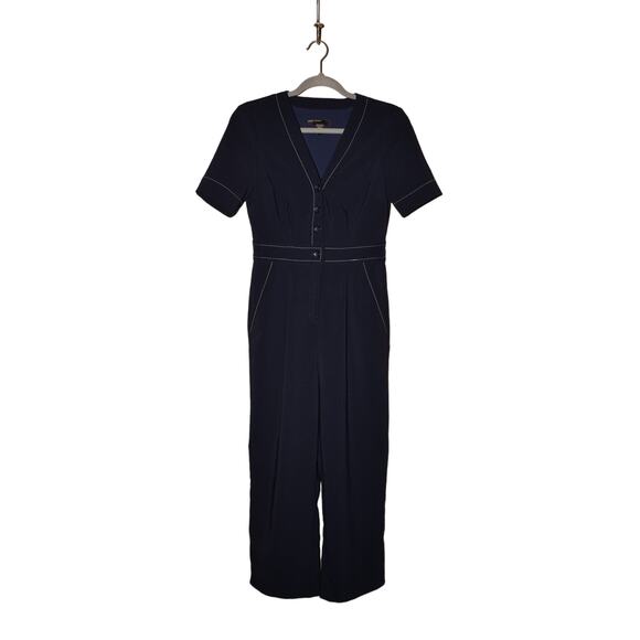 MAGGY LONDON $118 Short Sleeve Cropped Jumpsuit in‎ Navy w/ White Piping Size 0 - Picture 1 of 4